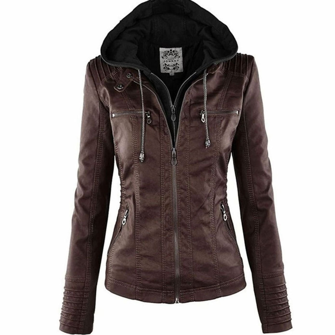 Women's Fitted Hooded Faux Leather Zip-Up Moto Jacket - Brown