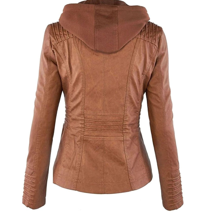 Women's Fitted Hooded Faux Leather Zip-Up Moto Jacket