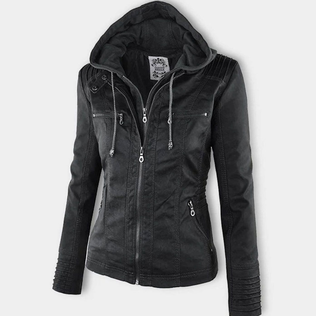 Women's Fitted Hooded Faux Leather Zip-Up Moto Jacket