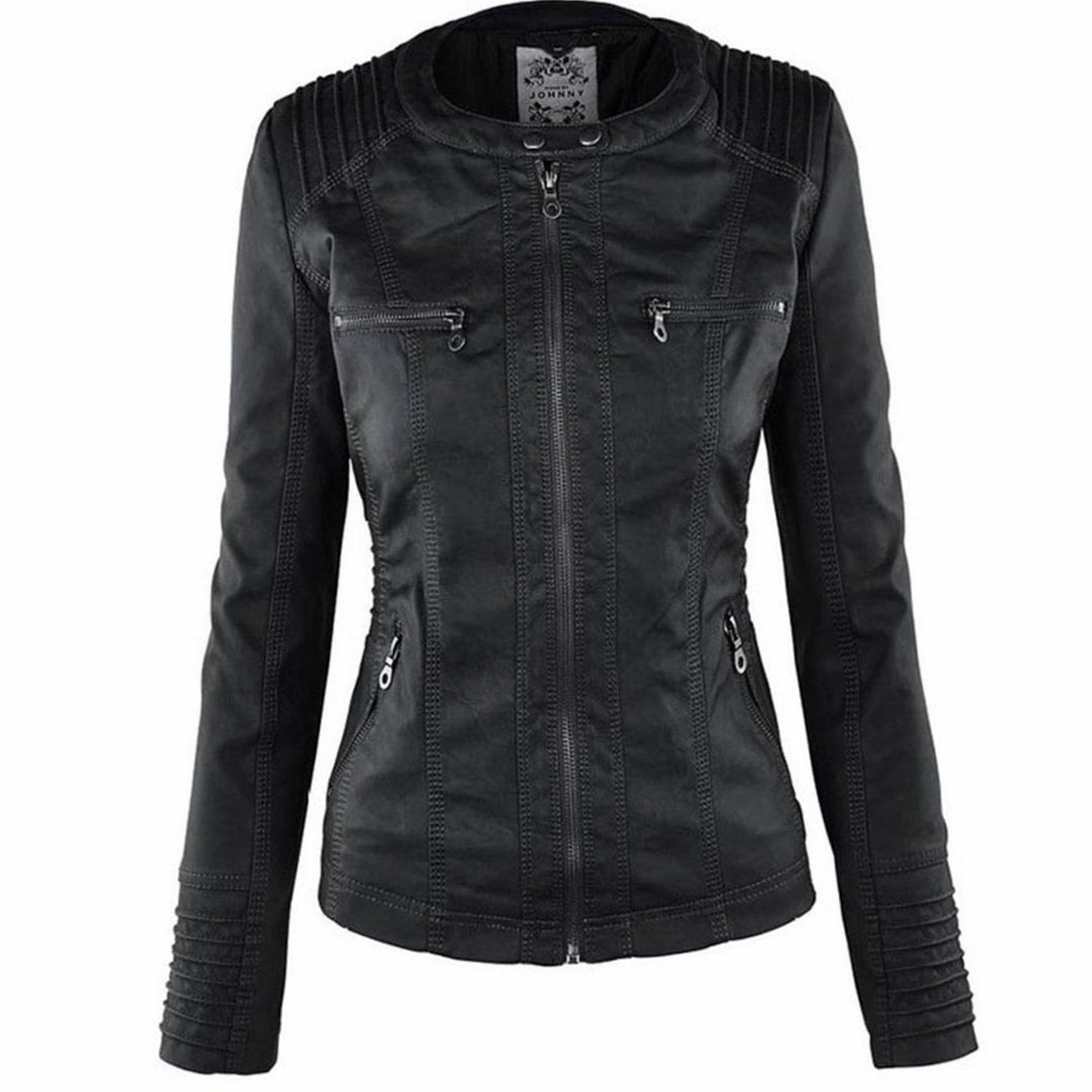 Women's Fitted Hooded Faux Leather Zip-Up Moto Jacket