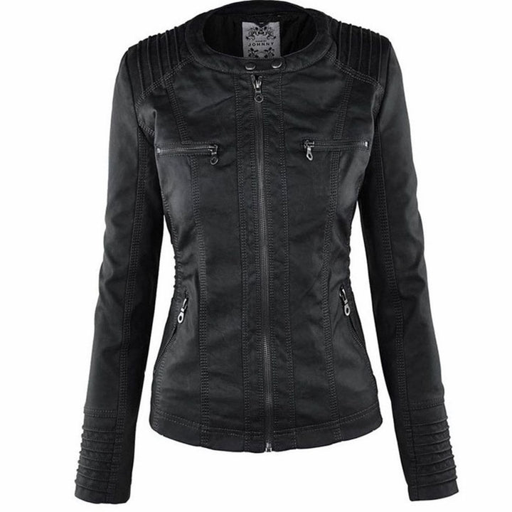 Women's Fitted Hooded Faux Leather Zip-Up Moto Jacket