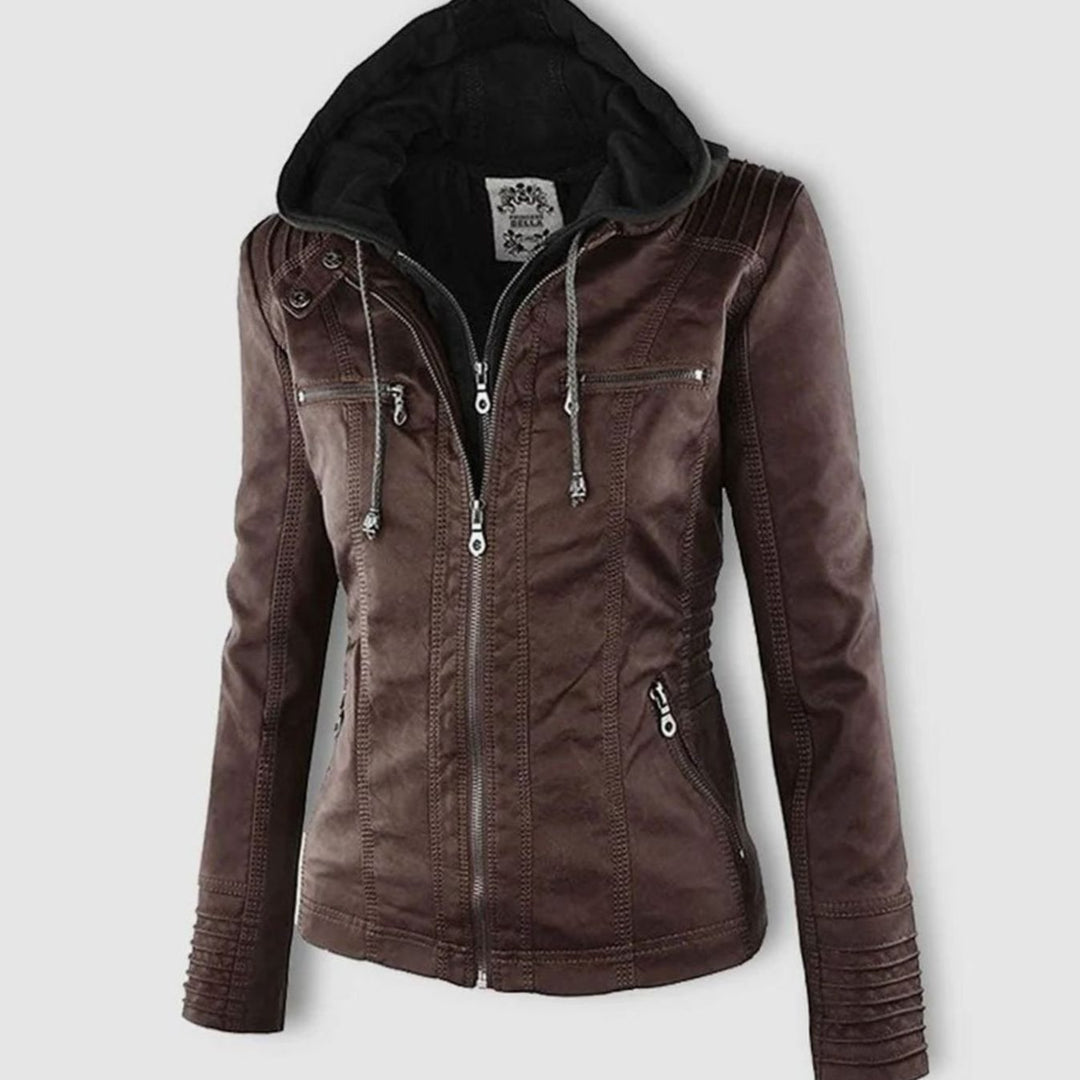 Women's Fitted Hooded Faux Leather Zip-Up Moto Jacket