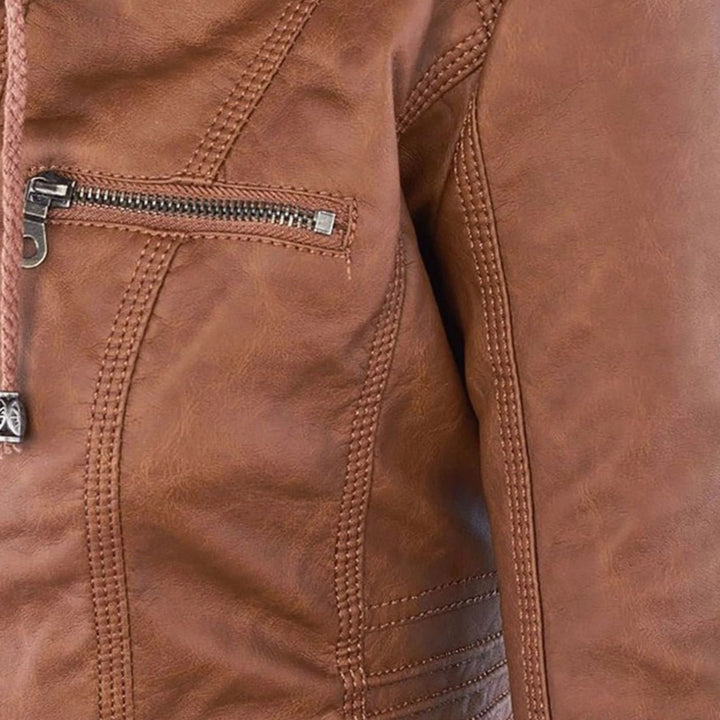Women's Fitted Hooded Faux Leather Zip-Up Moto Jacket