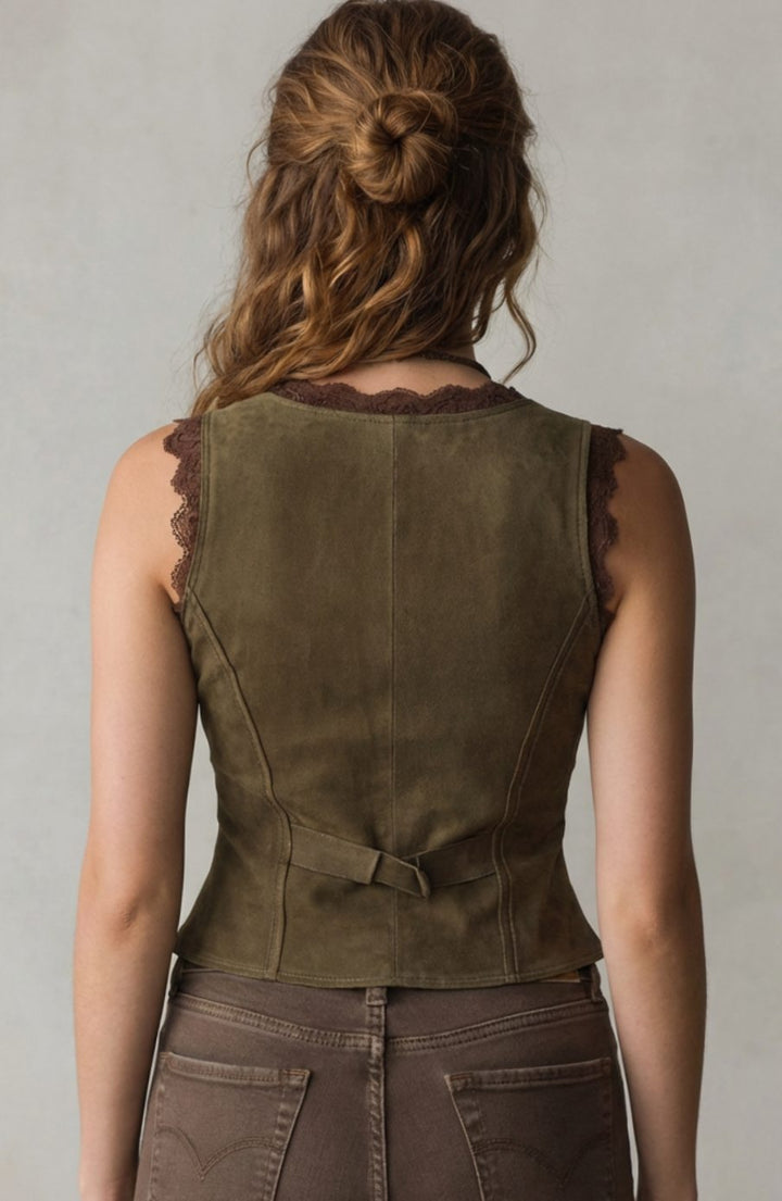 Women's Fitted Lace-Trim Button-Front Corset Vest Top