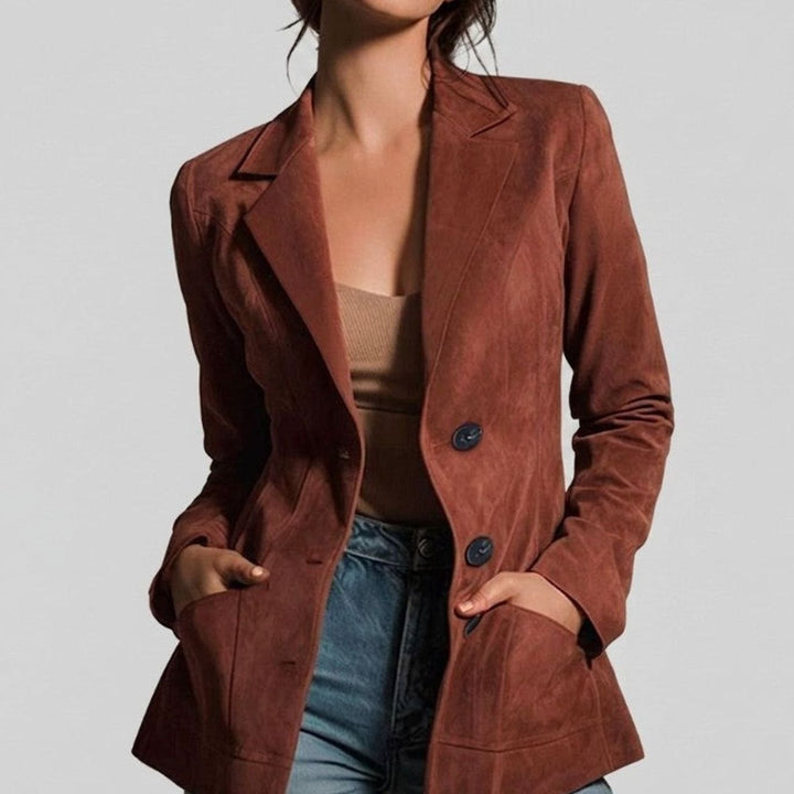 Women's Fitted Suede-Touch Notch-Lapel Blazer Patch Pockets, Brown - Brown