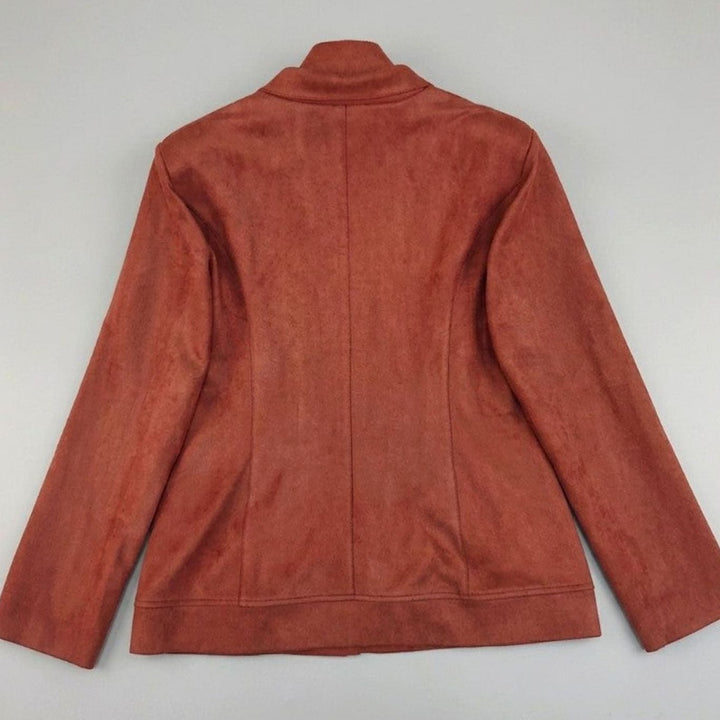 Women's Fitted Suede-Touch Notch-Lapel Blazer Patch Pockets, Brown