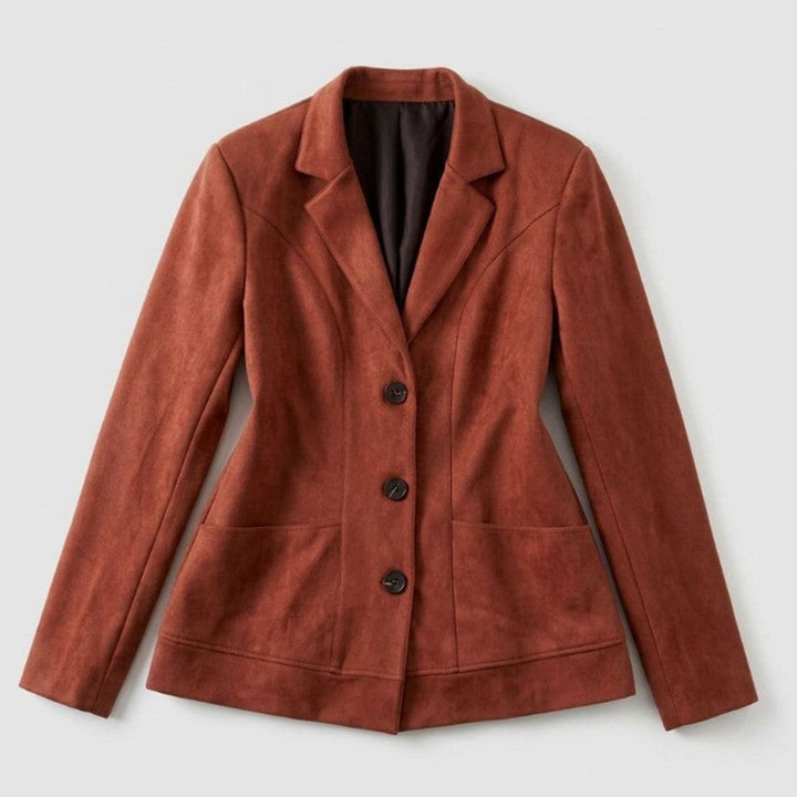 Women's Fitted Suede-Touch Notch-Lapel Blazer Patch Pockets, Brown