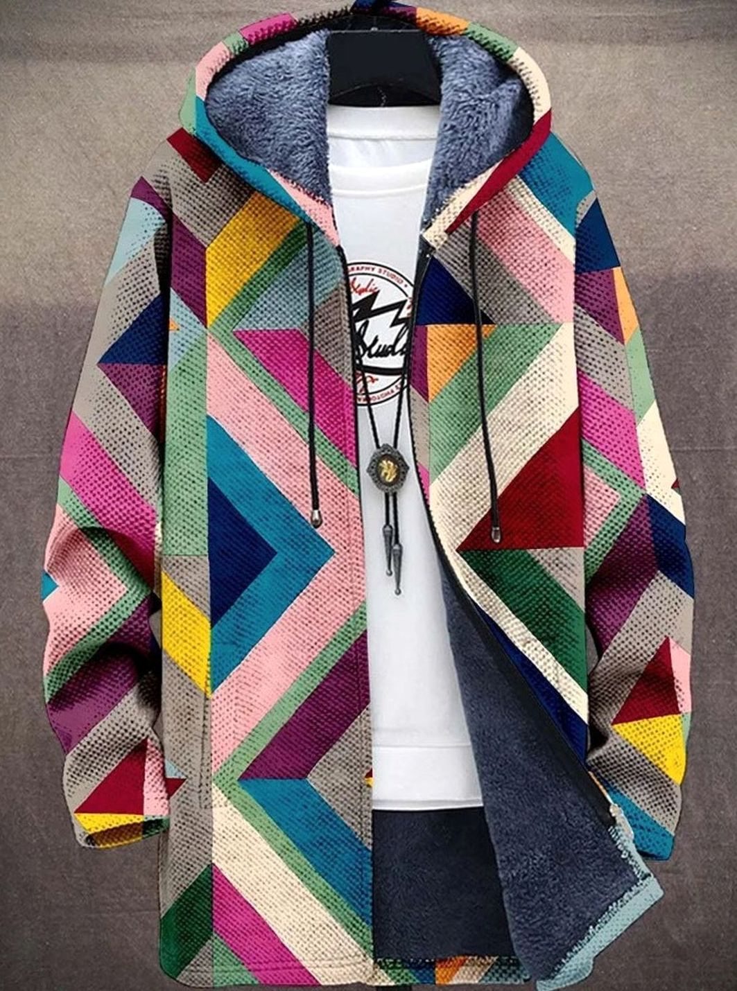 Women's Fleece-Lined Geometric Print Hooded Zip-Up Cardigan - Multicolor 1