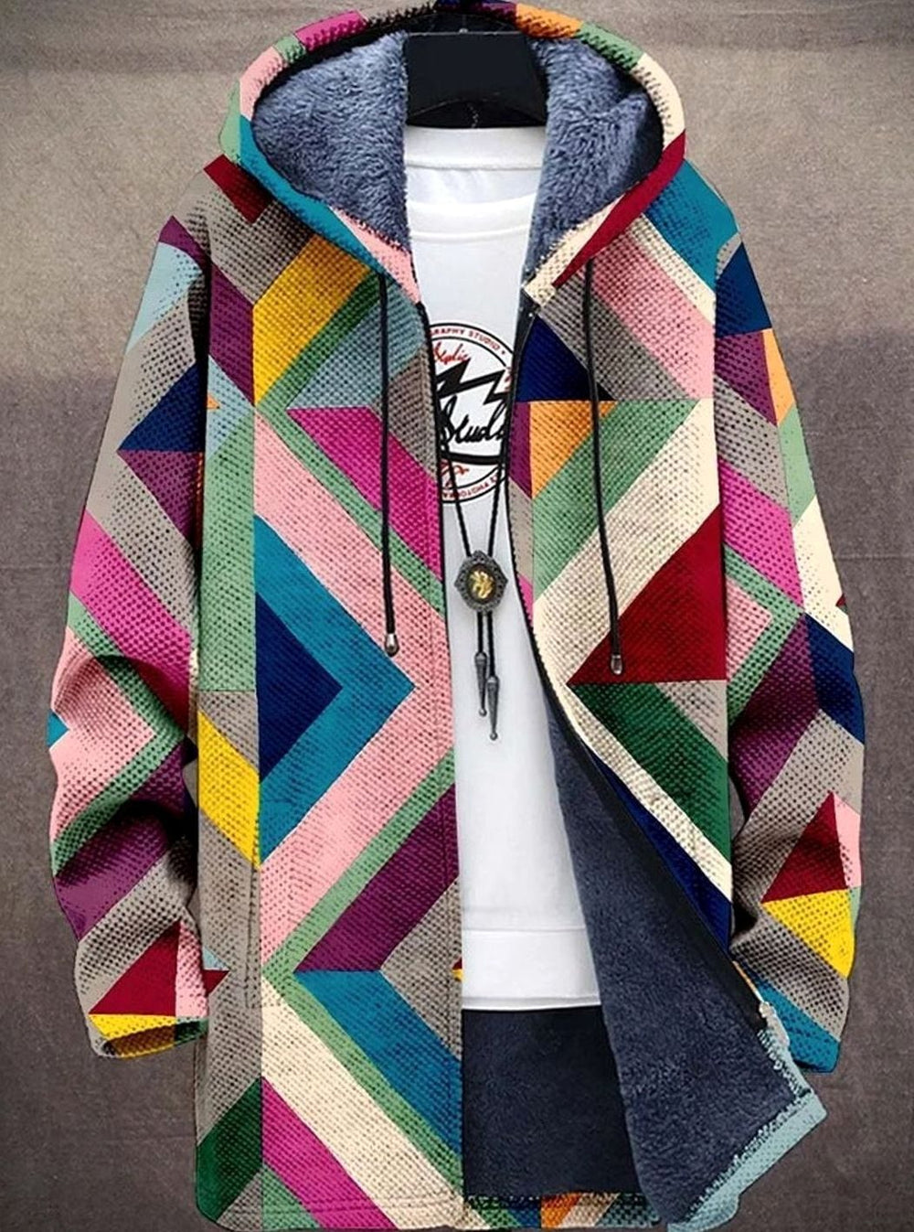 Women's Fleece-Lined Geometric Print Hooded Zip-Up Cardigan