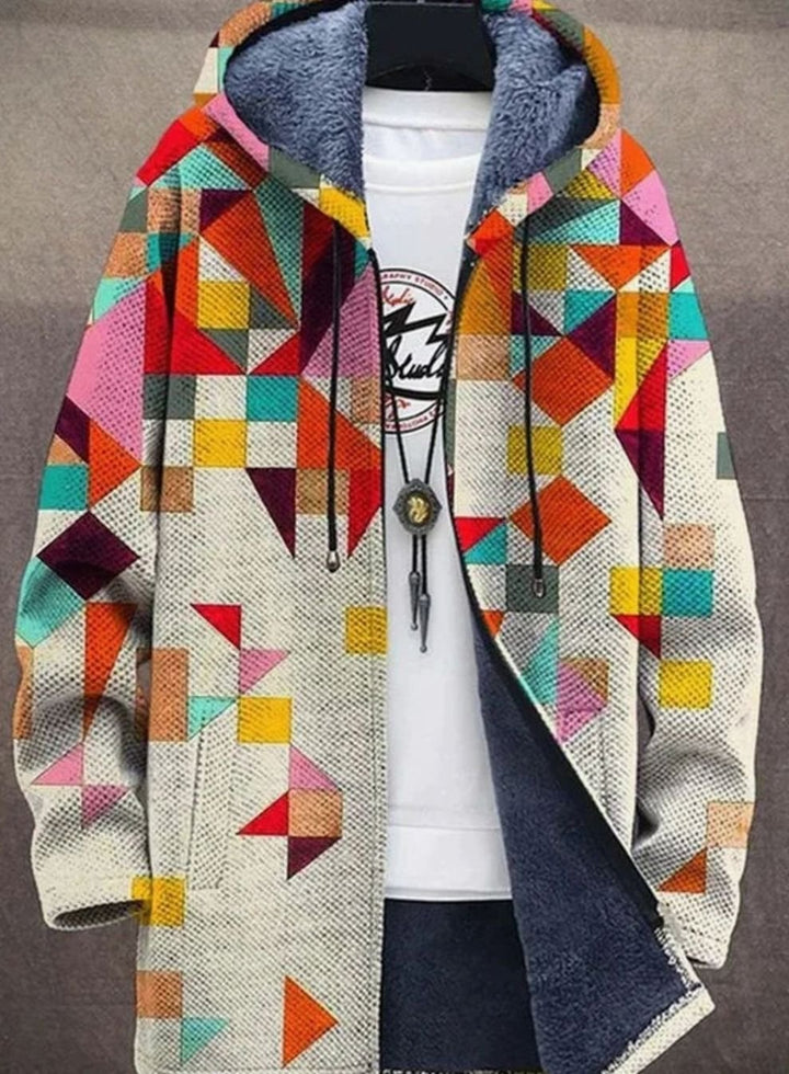 Women's Fleece-Lined Geometric Print Hooded Zip-Up Cardigan - Multicolor 2