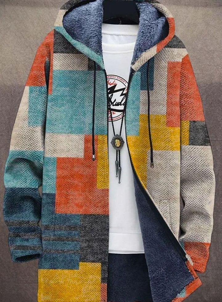 Women's Fleece-Lined Geometric Print Hooded Zip-Up Cardigan - Multicolor 3
