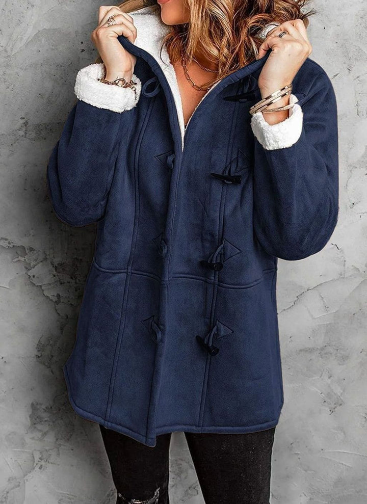 Women's Fleece-Lined Hooded Toggle-Button Winter Coat - Navy Blue