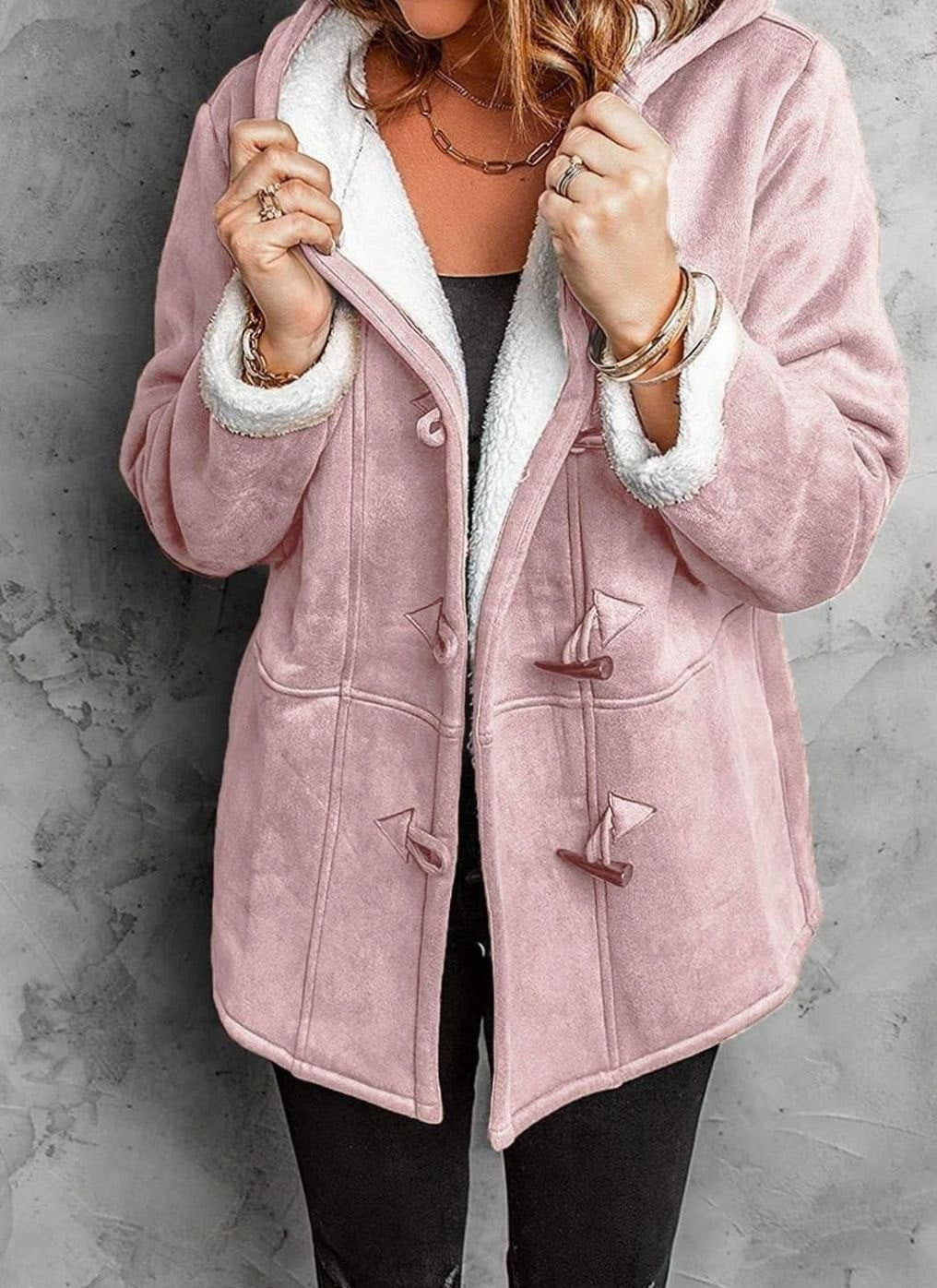 Women's Fleece-Lined Hooded Toggle-Button Winter Coat - Pink