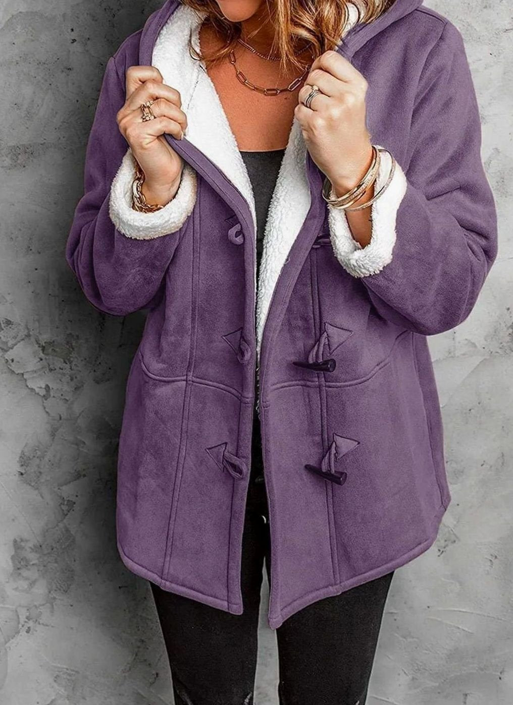 Women's Fleece-Lined Hooded Toggle-Button Winter Coat - Purple
