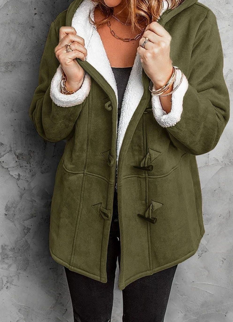 Women's Fleece-Lined Hooded Toggle-Button Winter Coat - Dark Green