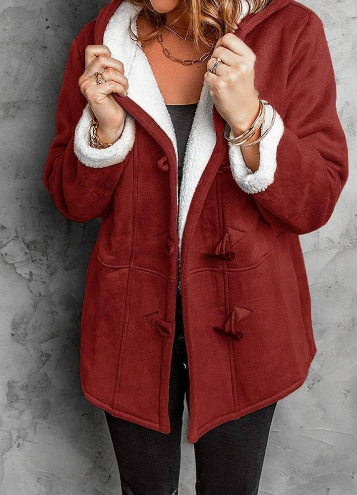Women's Fleece-Lined Hooded Toggle-Button Winter Coat - Red