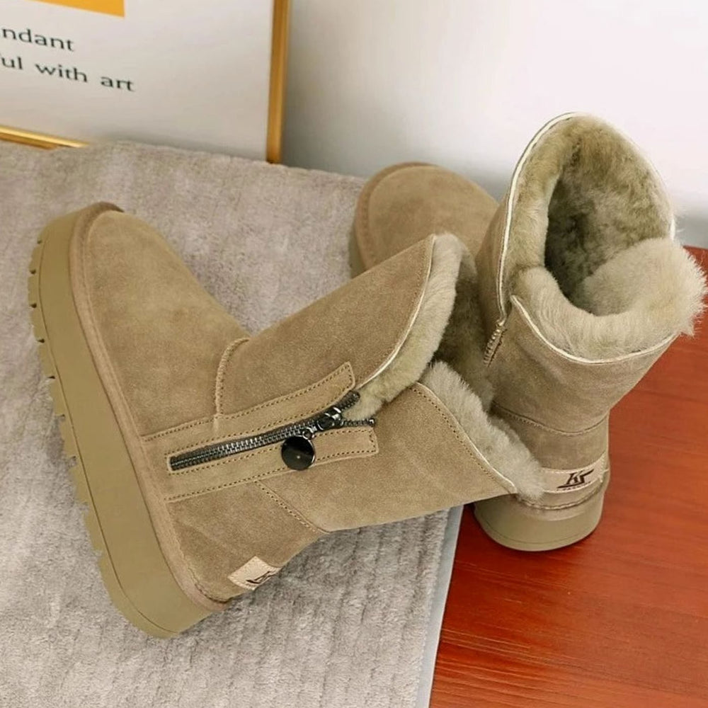 Women's Fleece-Lined Mid-Calf Snow Boots Zipper Side