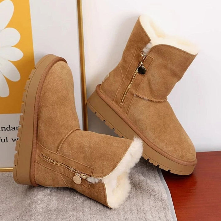 Women's Fleece-Lined Mid-Calf Snow Boots Zipper Side - Chestnut