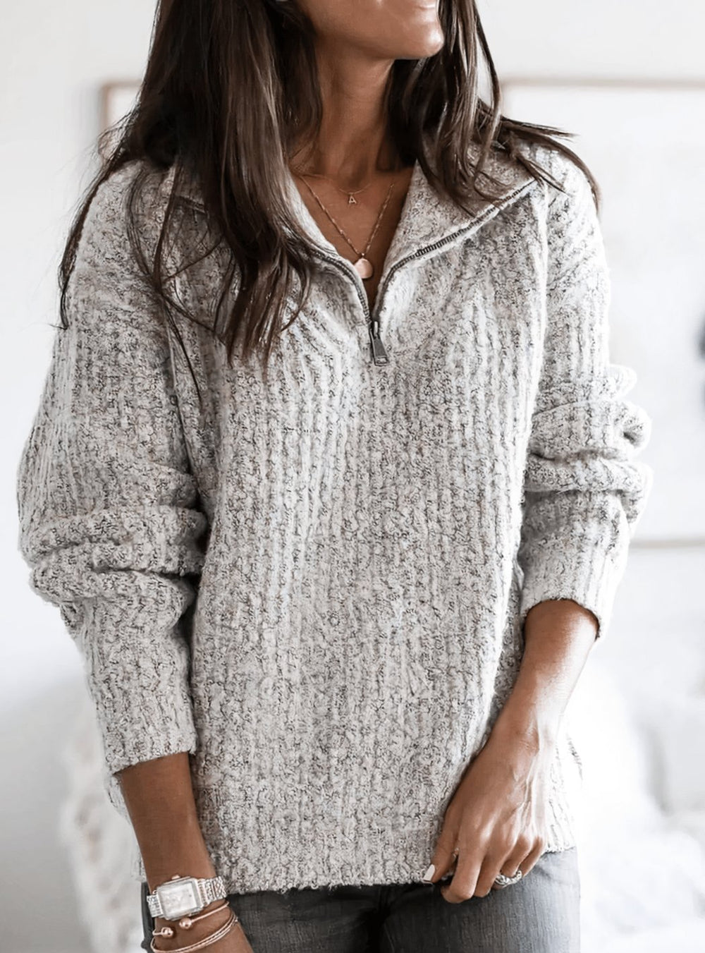 Women's Fleece Quarter-Zip Pullover Knit Sweater, Blue - Gray