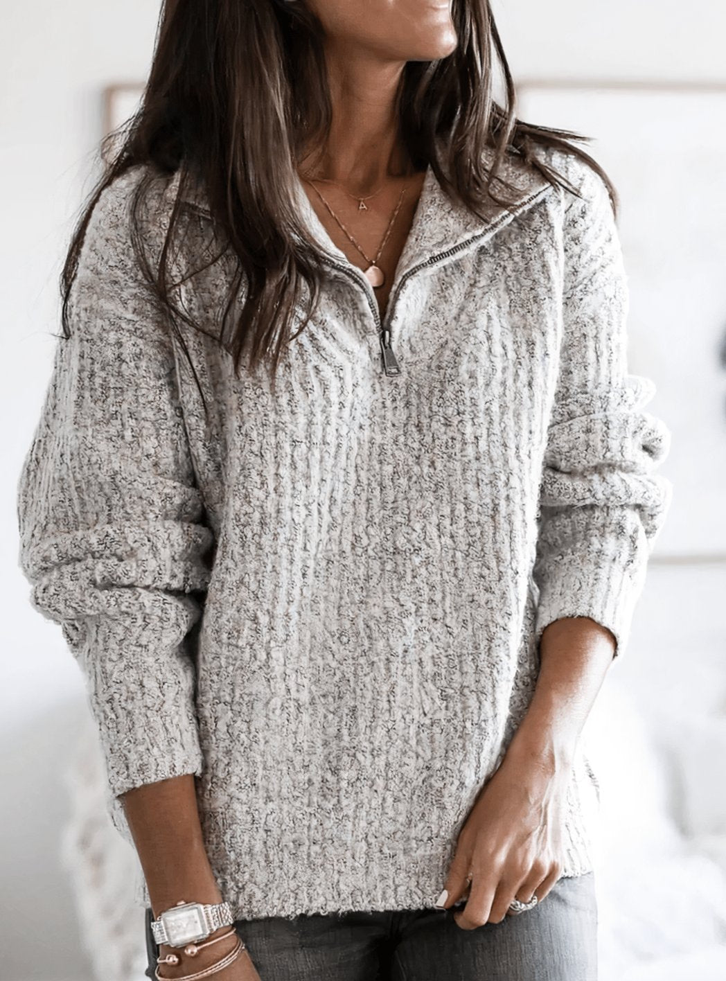 Women's Fleece Quarter-Zip Pullover Knit Sweater, Blue - Gray