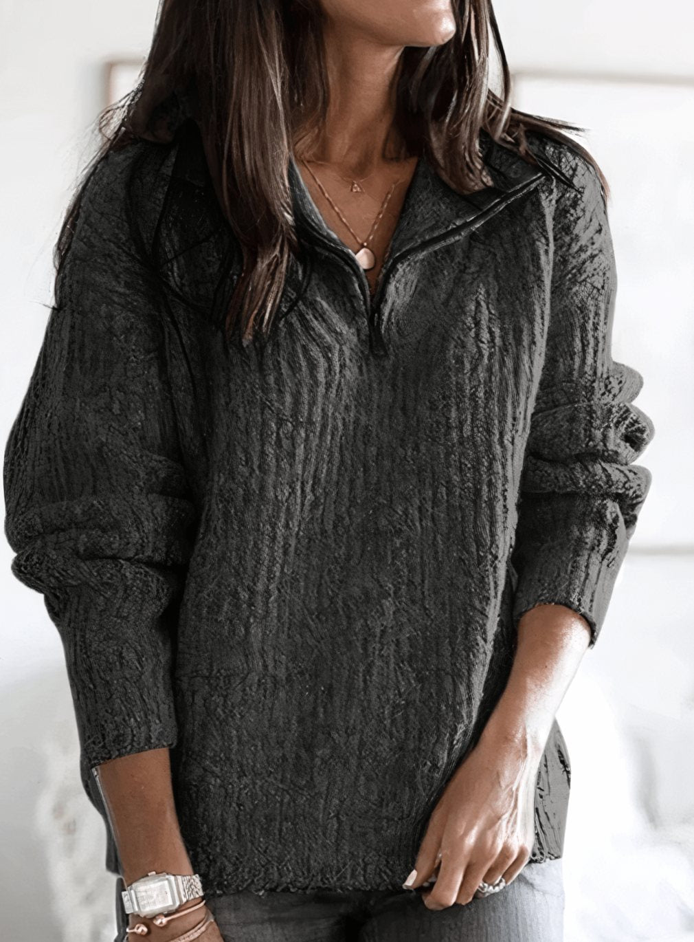 Women's Fleece Quarter-Zip Pullover Knit Sweater, Blue - Black