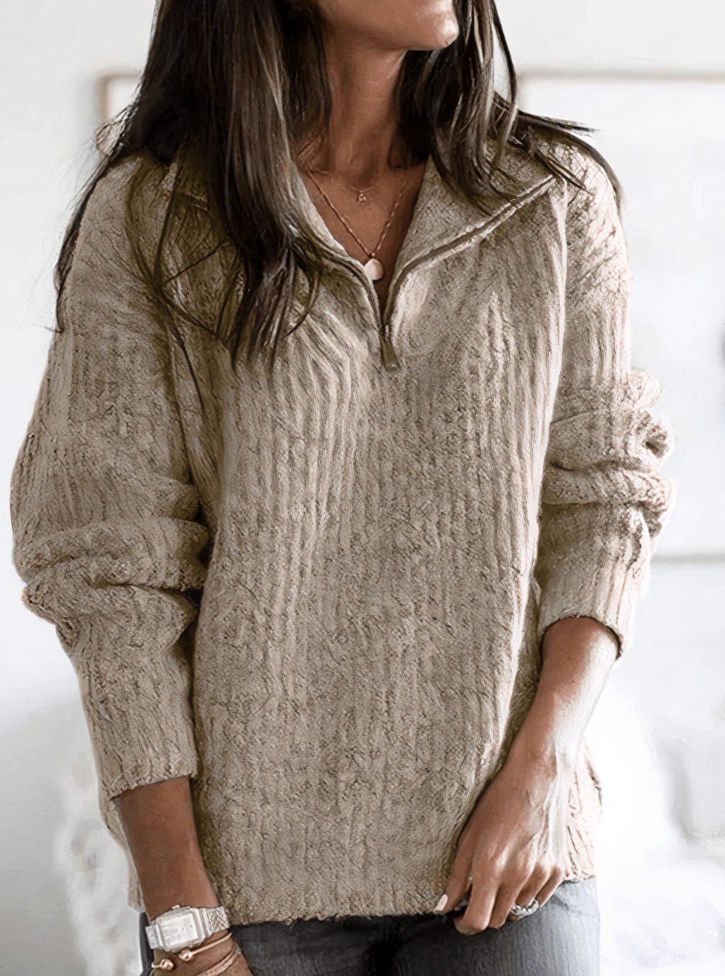 Women's Fleece Quarter-Zip Pullover Knit Sweater, Blue - Khaki