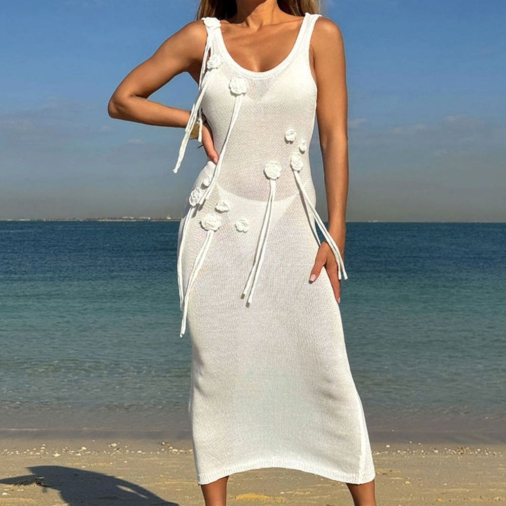 Women's Floral Applique Knit Maxi Dress Side Tie Belt