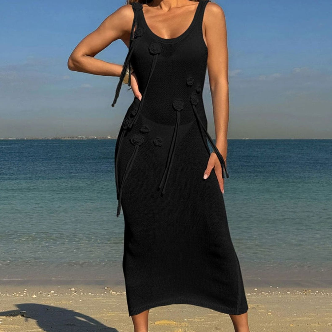 Women's Floral Applique Knit Maxi Dress Side Tie Belt