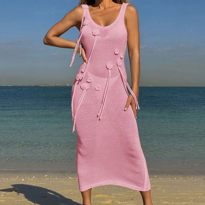 Women's Floral Applique Knit Maxi Dress Side Tie Belt