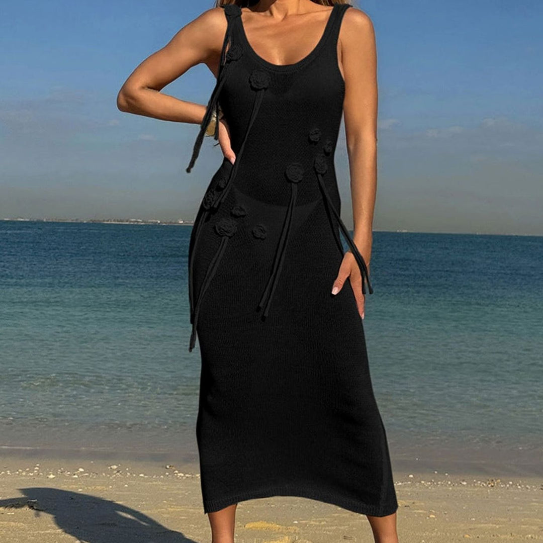 Women's Floral Applique Knit Maxi Dress Side Tie Belt - Black