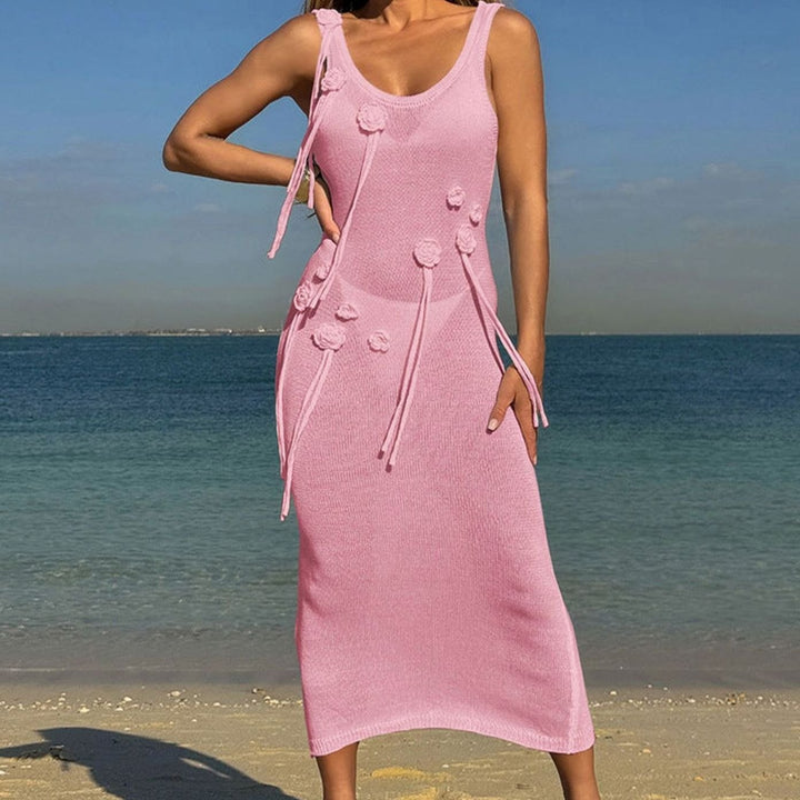 Women's Floral Applique Knit Maxi Dress Side Tie Belt - Pink