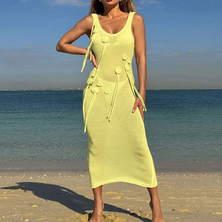 Women's Floral Applique Knit Maxi Dress Side Tie Belt - Yellow