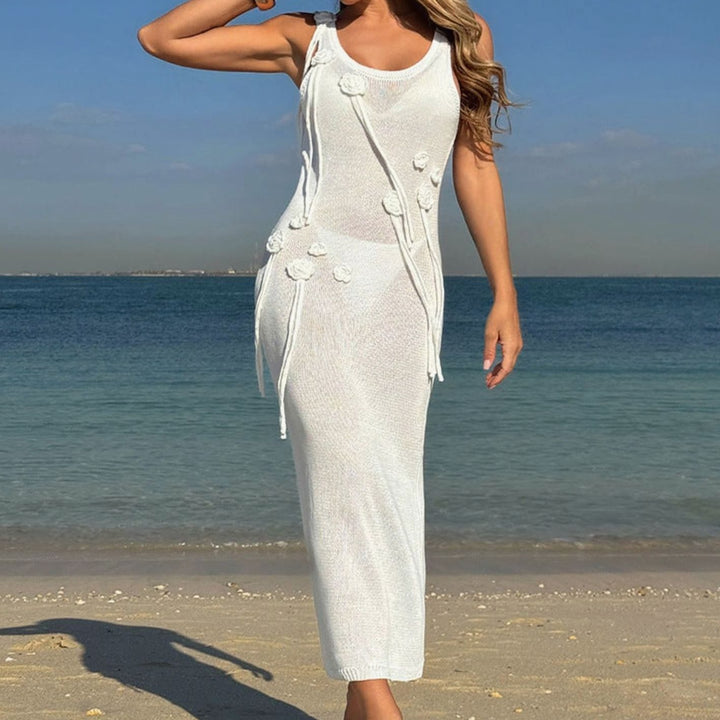 Women's Floral Applique Knit Maxi Dress Side Tie Belt - White