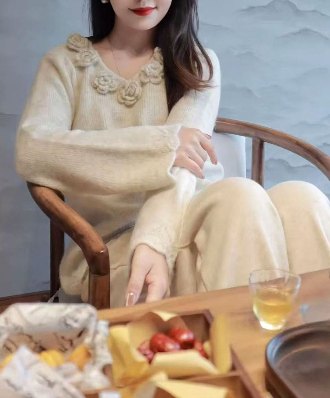 Women's Floral-Applique V-Neck Long-Sleeve Knit Sweater Dress - Apricot