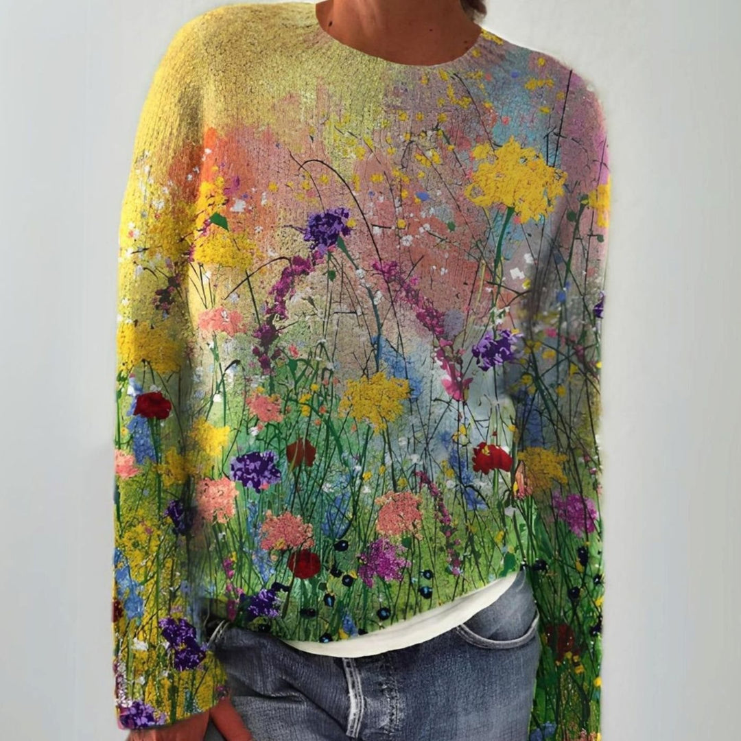 Women's Floral Art Print Long-Sleeve Knit Sweater - Multicolor