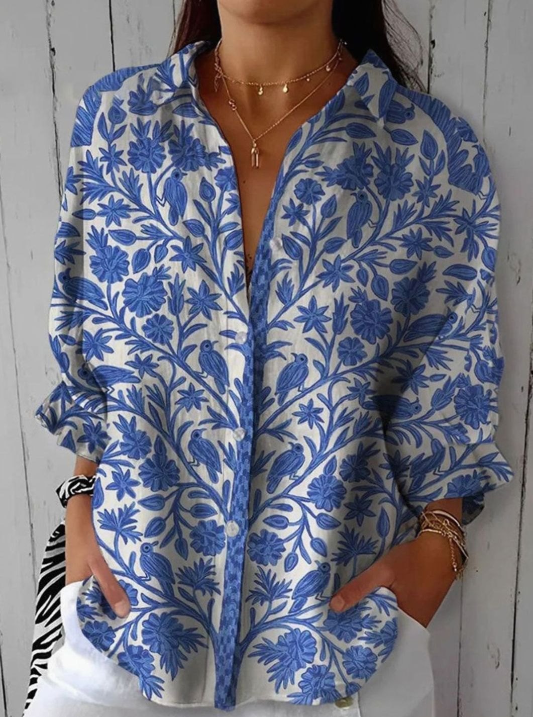 Women's Floral Botanical Print Relaxed-Fit Long-Sleeve Blouse - Multicolor