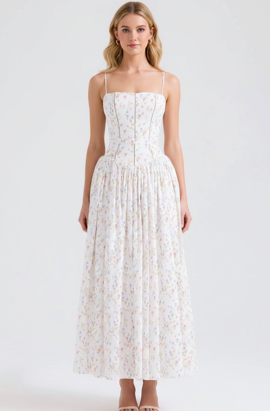 Women's Floral Corset-Bodice Spaghetti-Strap Midi Dress - Chiclet White