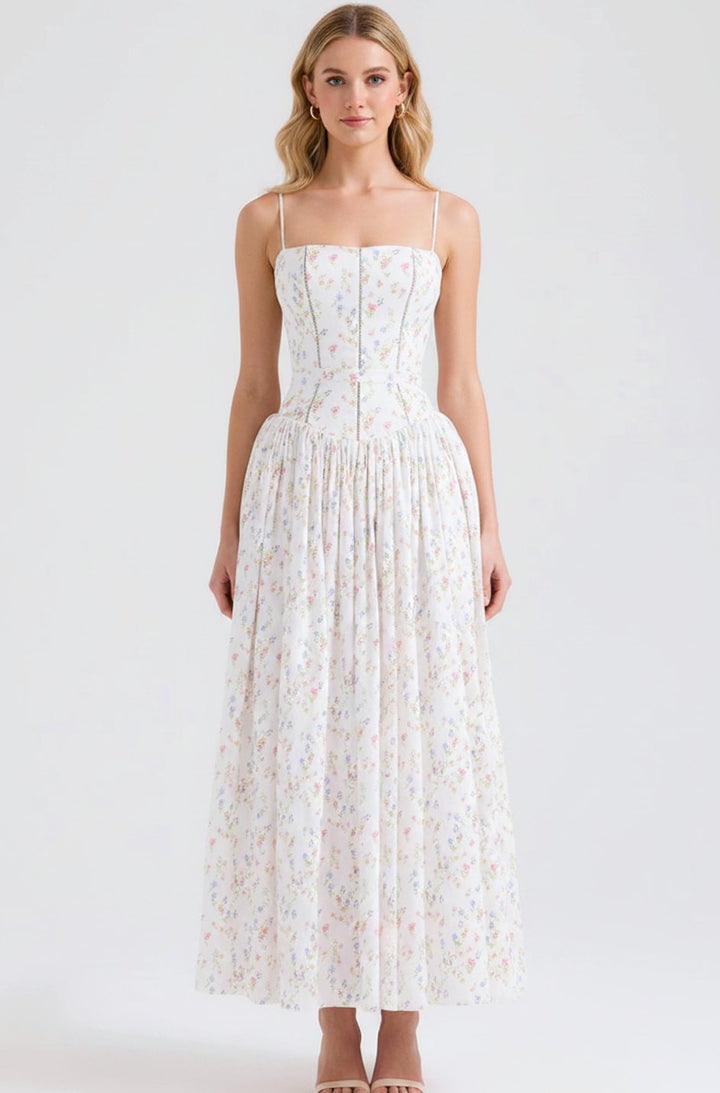 Women's Floral Corset-Bodice Spaghetti-Strap Midi Dress - Chiclet White