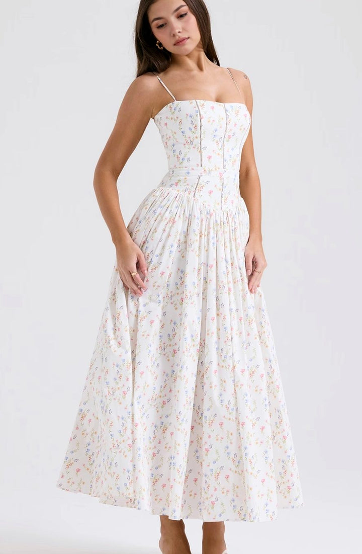 Women's Floral Corset-Bodice Spaghetti-Strap Midi Dress