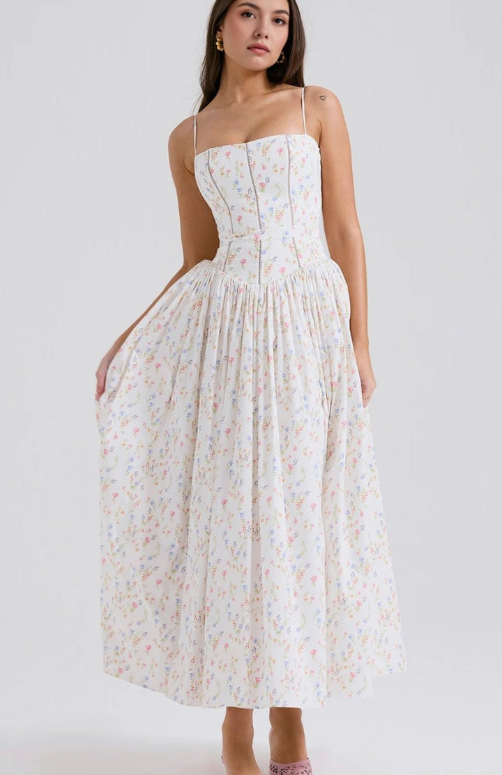 Women's Floral Corset-Bodice Spaghetti-Strap Midi Dress