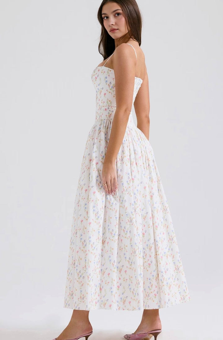 Women's Floral Corset-Bodice Spaghetti-Strap Midi Dress