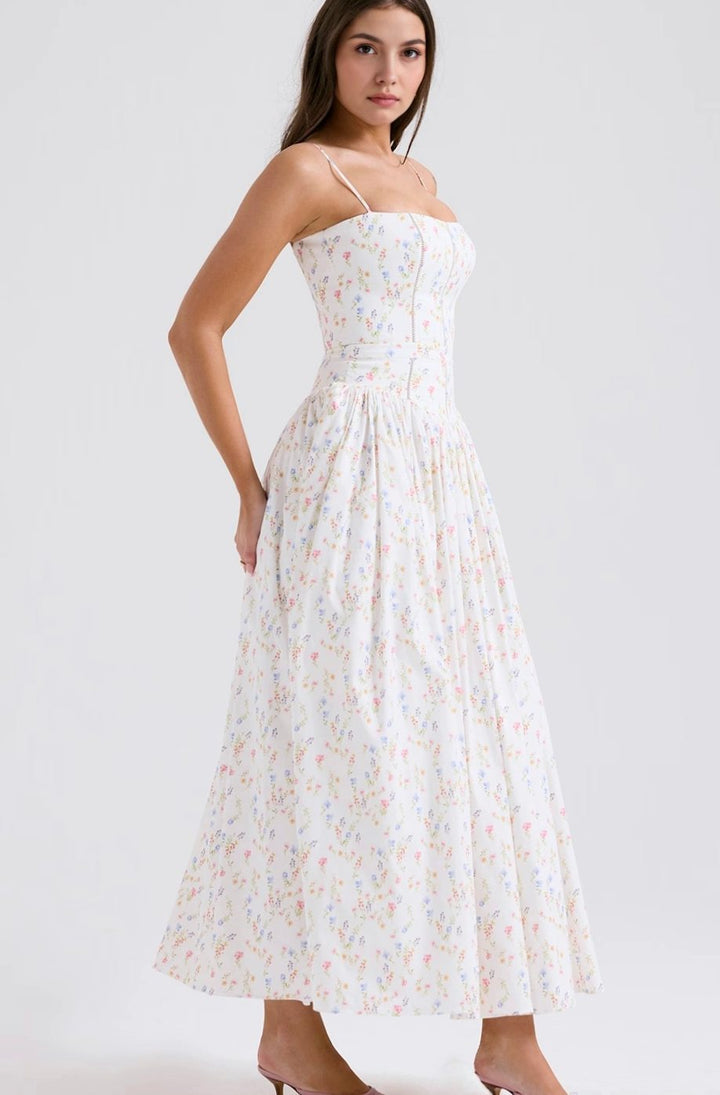 Women's Floral Corset-Bodice Spaghetti-Strap Midi Dress