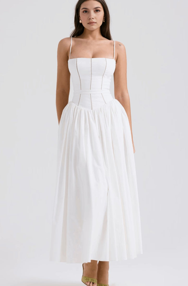 Women's Floral Corset-Bodice Spaghetti-Strap Midi Dress - White