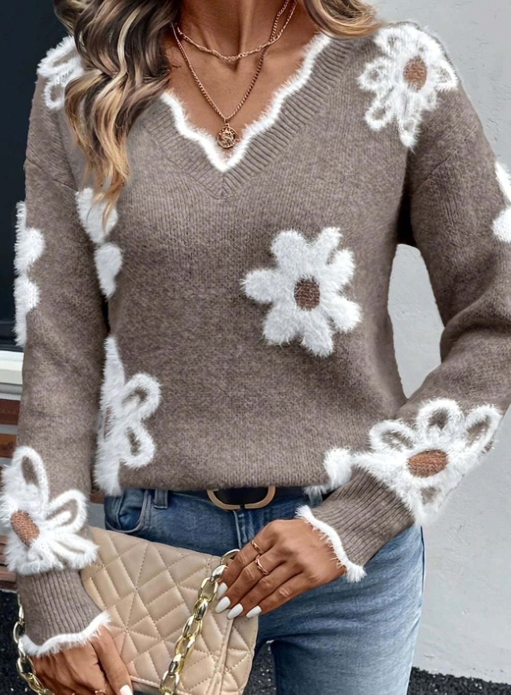 Women's Floral Daisy V-Neck Knit Sweater Ribbed Cuffs - Khaki