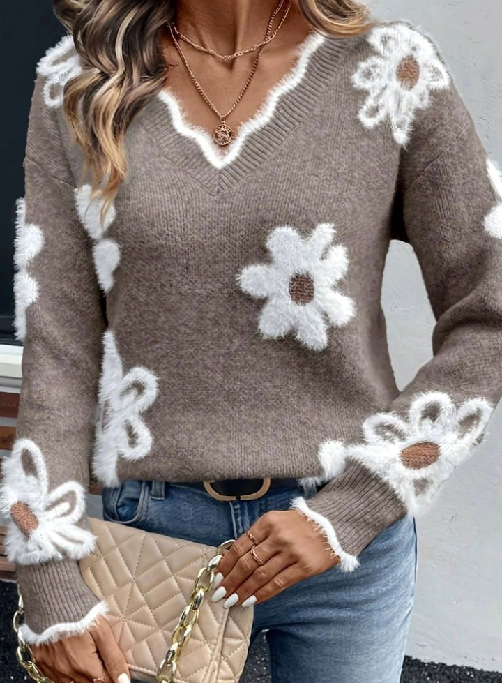 Women's Floral Daisy V-Neck Knit Sweater Ribbed Cuffs - Khaki