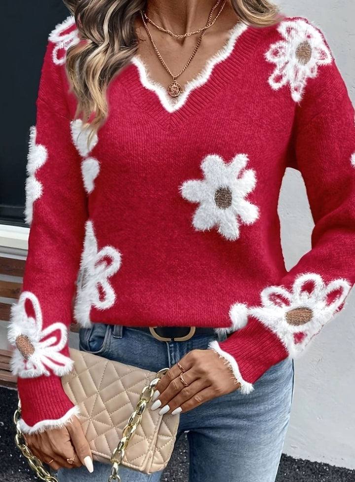 Women's Floral Daisy V-Neck Knit Sweater Ribbed Cuffs