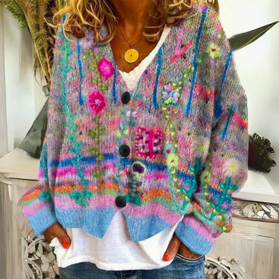 Women's Floral Embroidered Button-Front Knit Cardigan Sweater - Blue