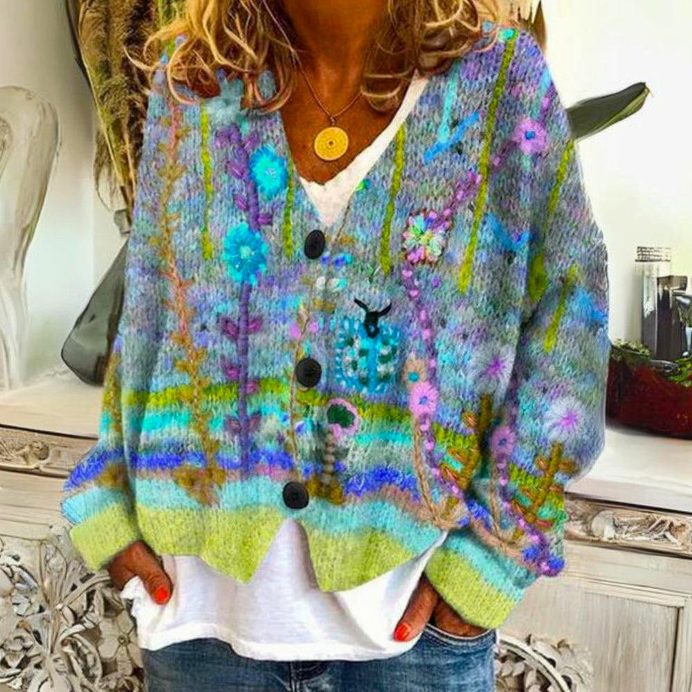 Women's Floral Embroidered Button-Front Knit Cardigan Sweater - Green