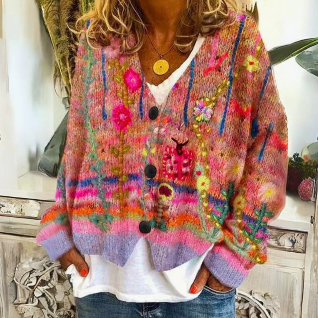 Women's Floral Embroidered Button-Front Knit Cardigan Sweater - Red