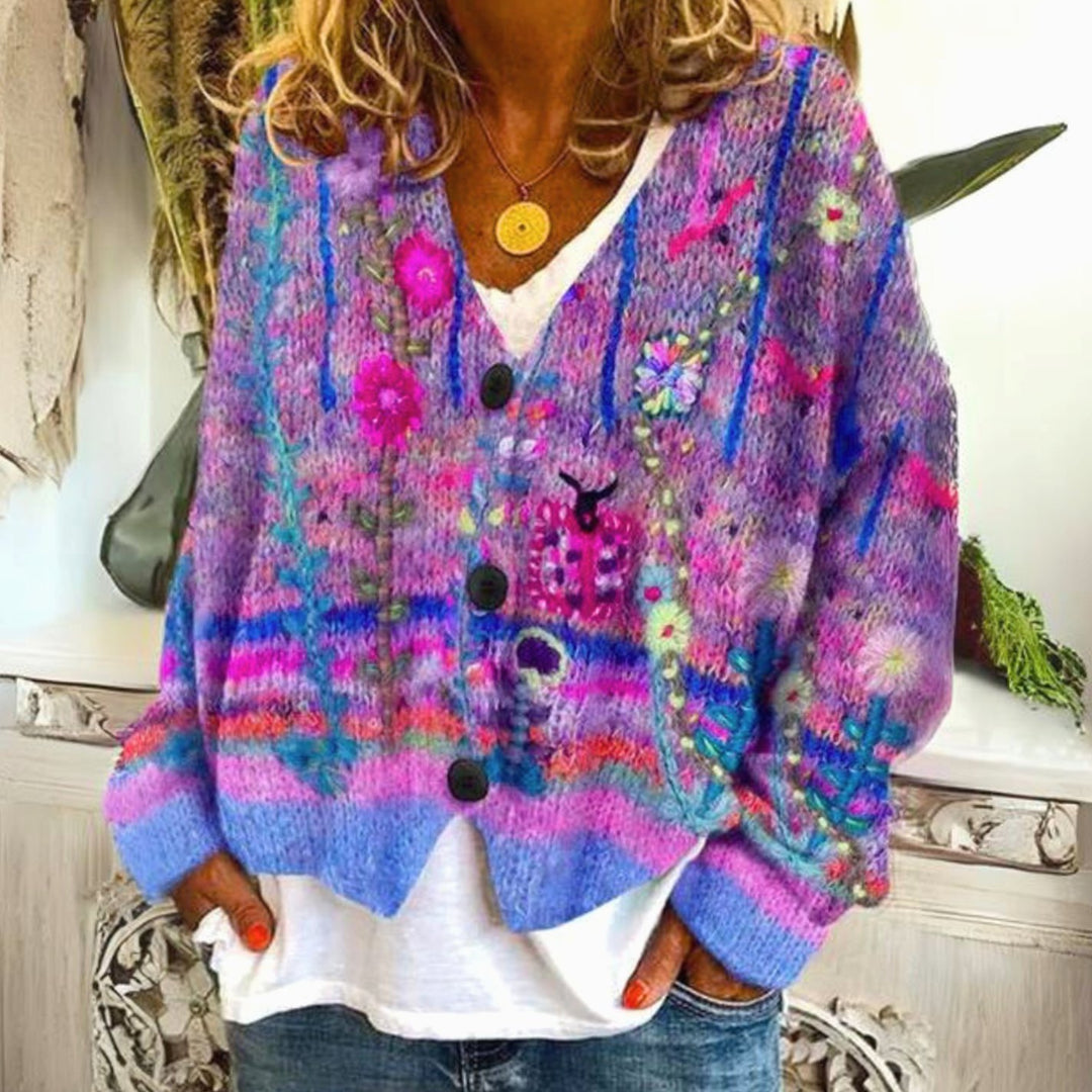 Women's Floral Embroidered Button-Front Knit Cardigan Sweater - Purple